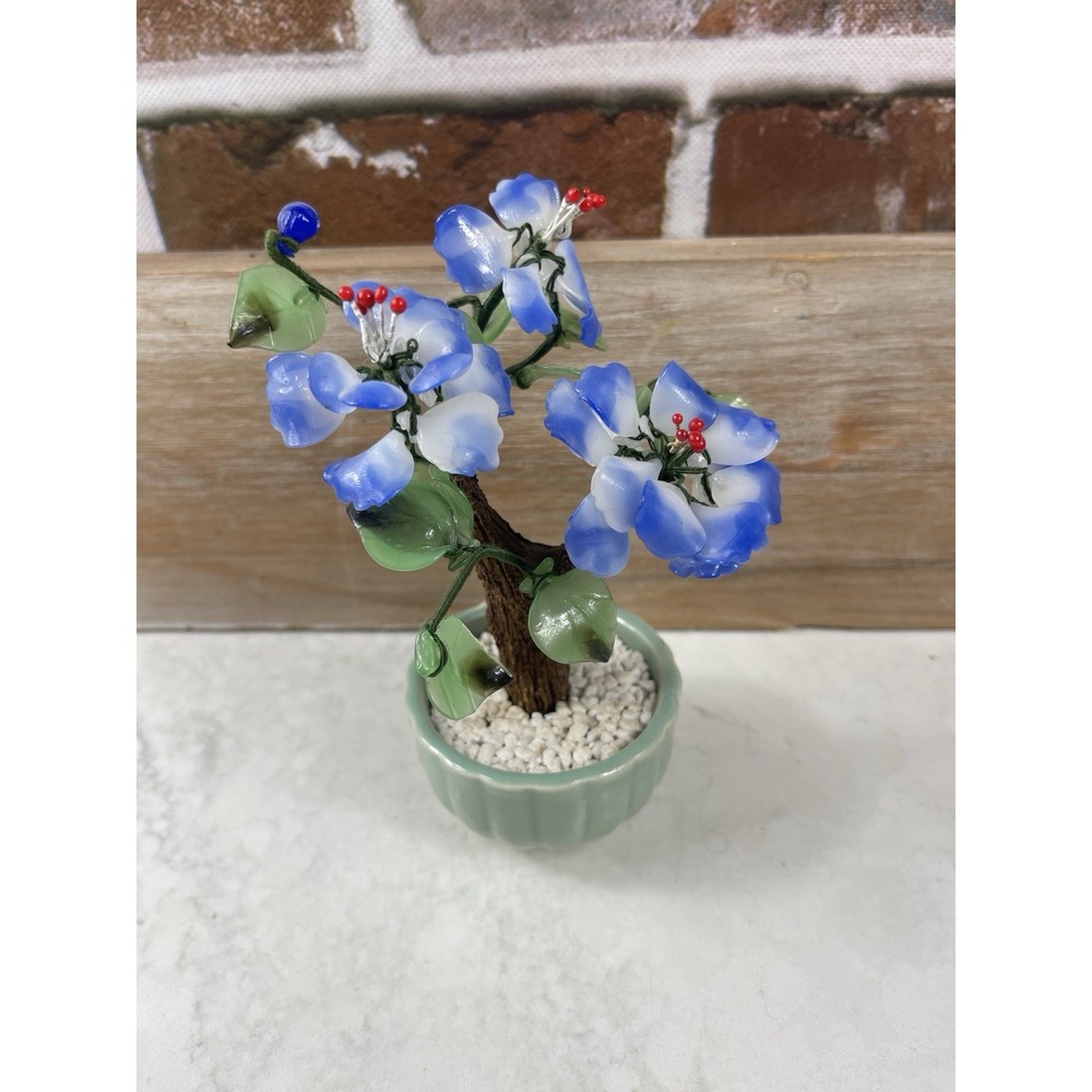 Vintage Bonsai Blue Glass Flowers In A Celodon Vase 6" - Picture 6 of 6
